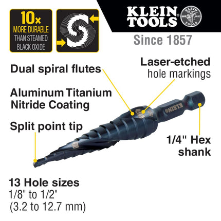 Klein Tools QRST01 Step Drill Bit, Quick Release Spiral Double-Fluted, 1/8 to 1/2-Inch, Hex Shank, Cut Steel, Wood, Plastic, Aluminum