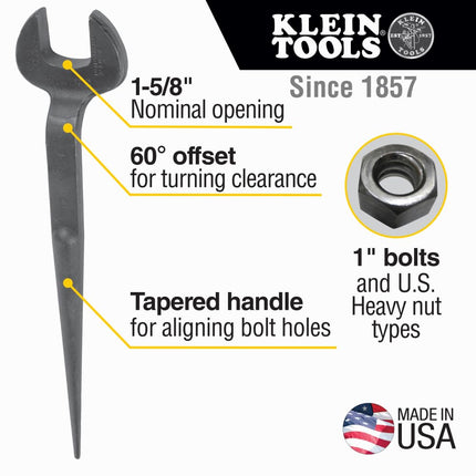 Klein Tools 3214 Spud Wrench, 1-5/8-Inch Nominal Opening, 1-Inch Bolt for U.S. Heavy Nut