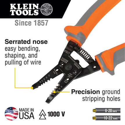 Klein Tools 11055RINS 1000V Insulated Klein Kurve Wire Stripper/Cutter Cuts and Strips 10-18 Solid and 12-20 Stranded AWG Wire, Orange