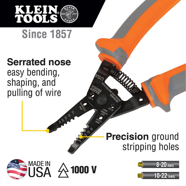 Klein Tools 11055RINS 1000V Insulated Klein Kurve Wire Stripper/Cutter Cuts and Strips 10-18 Solid and 12-20 Stranded AWG Wire, Orange