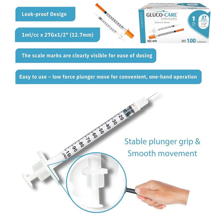 GLUCO-CARE 1 ml/cc Syringes 27G x 1/2’’ (12.7mm), Orange Cap, 100/box