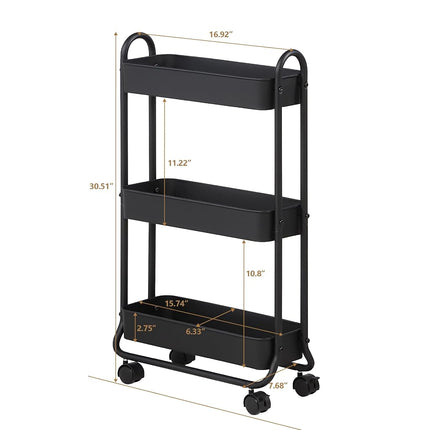 SunnyPoint Slim Rolling Storage Cart, 3 Tier Bathroom Storage Organizer Bathroom, Laundry Utility Cart (Black)
