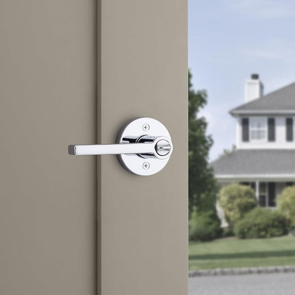 Kwikset Halifax Entry Door Handle with Lock and Key, Secure Round Keyed Reversible Lever Exterior, For Front Entrance and Bedrooms, Polished Chrome, Pick Resistant Smartkey Rekey Security and Microban