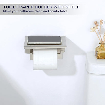 Alise Toilet Paper Holder,Bathroom Tissue Holder with Shelf,SUS304 Stainless Steel Toilet Paper Roll Holder Storage Dispenser,Self Adhesive or Wall Mount Drilling Paper Rack,Brushed Nickel