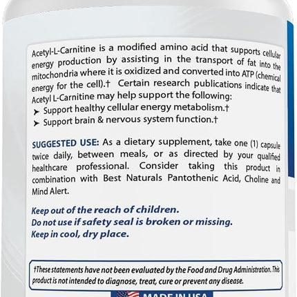 Best Naturals Acetyl L-Carnitine 1000mg Capsule, 60 Count
