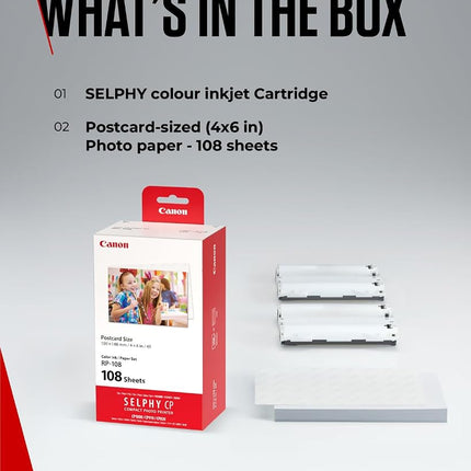 Canon SELPHY RP-108 Ink + Paper Multipack - Genuine Printer Ink Cartridges 2 Pack (2 x Cartridges) & 108 Sheets (100 x 148mm)