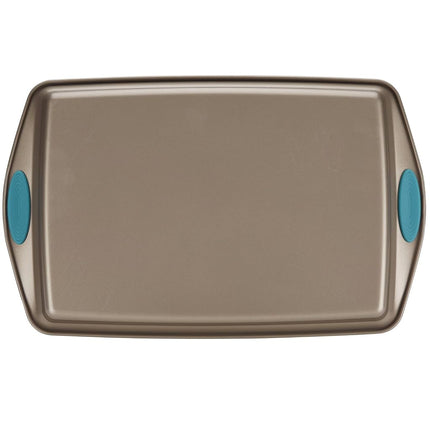 Rachael Ray Cucina Nonstick Bakeware Set with Grips, Nonstick Cookie Sheet/Baking Sheet and Crisper Pan - 2 Piece, Latte Brown with Agave Blue Handle Grips