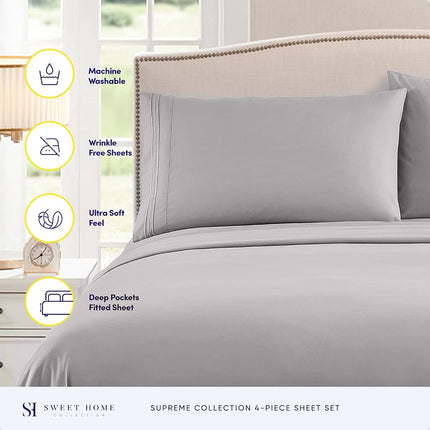 Sweet Home Collection Luxury Bedding Set with Flat, Fitted Sheet, 2 Pillow Cases, Find Double Brushed Microfiber, Silver, King