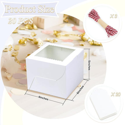 DOYIDE 20Pcs Mini Cake Boxes with Window, 6x6x5 Inches White Bakery Boxes, Small 4 Cupcake Boxes, Cake Packaging for Pastries, Cookies, Chocolates, Cupcakes, Birthday Party, Wedding