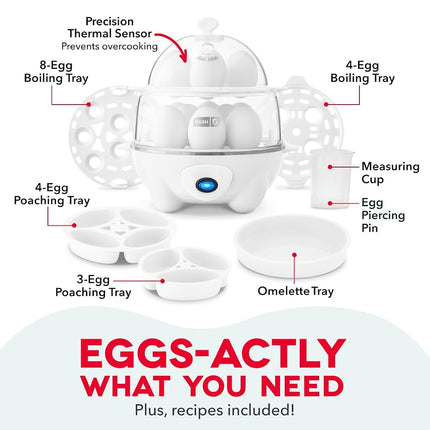 Cocina huevos Dash Deluxe rápida para huevos duros, escalfados, revueltos, tortillas, vegetales al vapor, dumplings y más, capacidad para 12 unidades, con función de apagado automático - Blanco