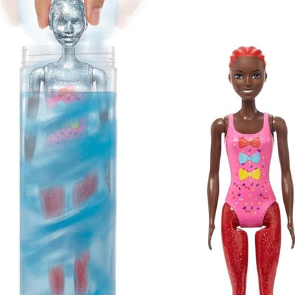 Barbie HBG40 - Color Reveal Bows lalka zmiany włosów, niebieski brokatowy zestaw zabaw z 25 stylizacji włosów i niespodzianek partii, wiek 3+.