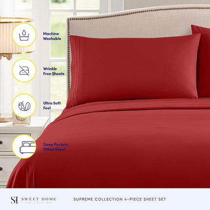 Juego de sábanas California King - Sábanas de lujo transpirables con elástico completo y correas seguras para las esquinas integradas - Colección Supreme 1800, juego de cama de bolsillo profundo para cama Cal King, juego de sábanas, California King, Rojo