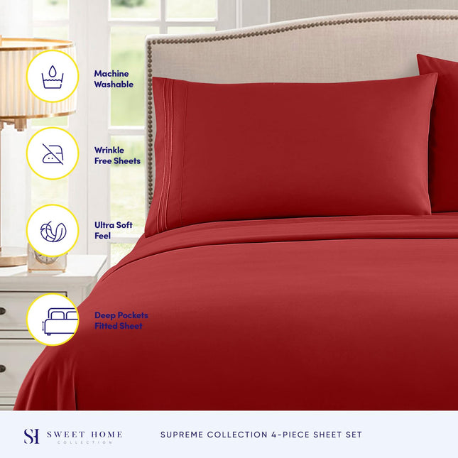 Juego de sábanas California King - Sábanas de lujo transpirables con elástico completo y correas seguras para las esquinas integradas - Colección Supreme 1800, juego de cama de bolsillo profundo para cama Cal King, juego de sábanas, California King, Rojo
