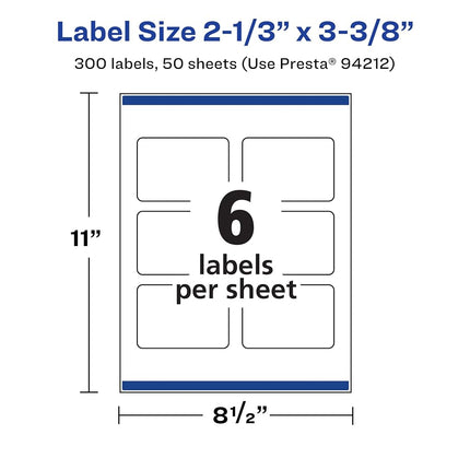 Avery Matte White Rectangle Labels with Sure Feed, 2-1/3" x 3-3/8", 300 Matte White Printable Labels