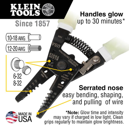 KLEIN TOOLS Wire Stripper/Cutter, Klein-Kurve Stripper/Cutter, 10-18 AWG Solid, 12-20 AWG Stranded Wire, Glow in The Dark Grips 11055GLW, High-Visibility Handle