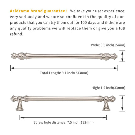 Asidrama 10 Pack 7.5 Inch(192mm) Brushed Satin Nickel Kitchen Cabinet Handles, Cabinet Pulls Kitchen Cabinet Hardware for Cupboard Drawer Pulls