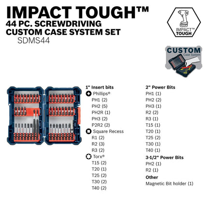 BOSCH 44 Piece Impact Tough Screwdriving Custom Case System Set SDMS44