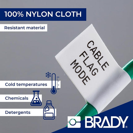 Brady Nylon Cloth Pre-Sized Labels for BMP51, BMP53 & M511 Label Printers – Self-Adhesive Waterproof Tape, Black on White, 22.86mm x 12.70mm + 11.18mm Diameter – Model M5-117-499