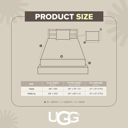 UGG 20929 Alahna Twin XL Bed Sheets and Pillowcases 3-Piece Set Sleep in Luxury Machine Washable Deep Pockets Wrinkle-Resistant Silky Cooling Technology for All-Season Comfort, Twin XL, Stone