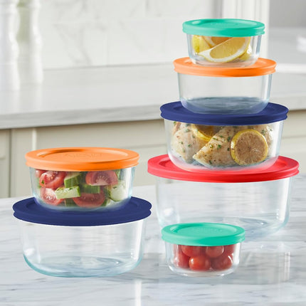 Pyrex Simply Store Glass Round Food Container Set with Multi-Colored Lids (14-Piece)