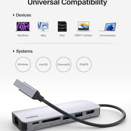 Belkin USB-C Hub 6 in 1 100W PD 4K HDMI, Ethernet & SD