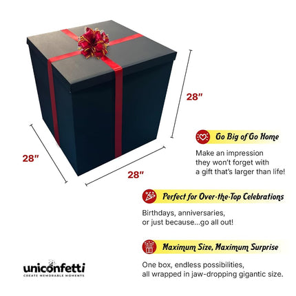 Extra Large Gift Box 28x28x28"—Giant Black Gift Boxes with Lid for Large Gifts, Big Presents for Birthday Surprise, Special Occasions, Unique Celebrations, Not for Heavy-Duty Storage Use
