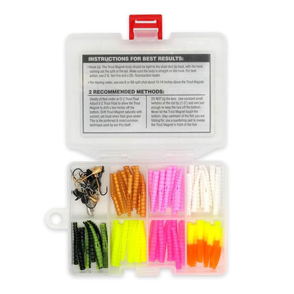 Kit Néon Trout Magnet Leland Lures 87659 - 70 corps de grub et 15 hameçons taille 8.