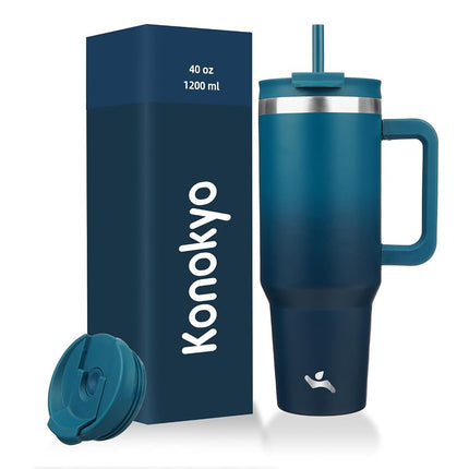 Konokyo 40 oz Tumbler with Handle and 2 Straws,2 in 1 Lid Insulated Water Bottle Stainless Steel Travel Coffee Mug,Indigo Black