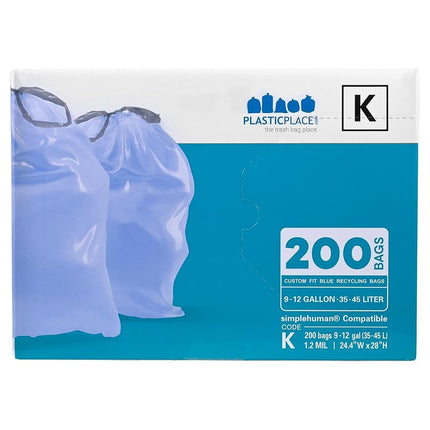 Plasticplace Trash Bags simplehuman (x) Code K Compatible (200 Count)│Tinted Blue Drawstring Garbage Liners 10 Gallon / 38 Liter │ 24.4" x 28"