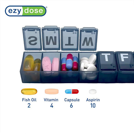 EZY DOSE Pilulier Semainier (7 jours) Organisateur de pilules quotidiennes, Pilulier de vitamines, Boîte à médicaments, Étui à compléments et à huile de poisson, Pratique et facile à utiliser, Compartiments moyens