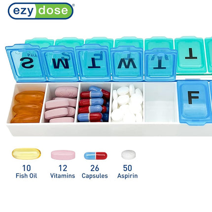 EZY DOSE Weekly (14-Day) Pill Organizer, Vitamin and Medicine Box, Large Snap Compartments, Easy-To-Open, BPA Free, Blue and Purple
