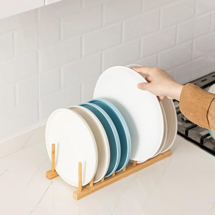 HBlife 4pcs Bamboo Dish Plate Bowl Cup Book Pot Lid Cutting Board Drying Rack Stand Drainer Storage Holder Organizer Kitchen Cabinet (Set of 4)