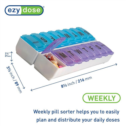 EZY DOSE Weekly (14-Day) Pill Organizer, Vitamin and Medicine Box, Large Snap Compartments, Easy-To-Open, BPA Free, Blue and Purple