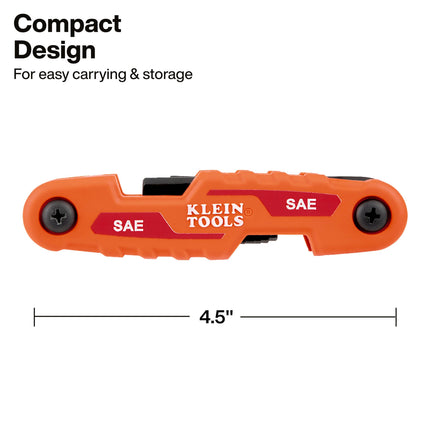 Juego de llaves hexagonales plegables KLEIN TOOLS 70540, compacto de 9 llaves con medidas SAE de 5/64 a 1/4 de pulgada, acero de aleación tratado térmicamente de resistencia industrial
