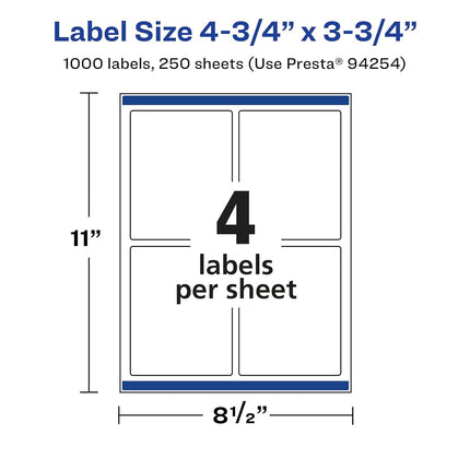 Avery Matte White Rectangle Labels, Sure Feed Technology, 4.75" x 3.75", 1,000 Matte White Printable Labels