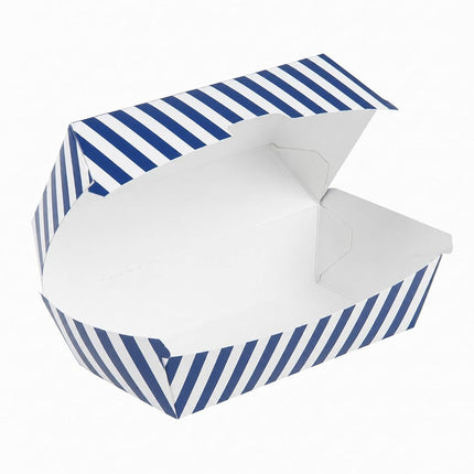 Bio Tek 6.7 x 3.5 x 3.5 Inch Clamshell Food Containers, 100 Disposable Sandwich Containers - Hinged Lid, Tab-Lock Closure, Blue And White Paper Hot Dog Containers, Greaseproof - Restaurantware