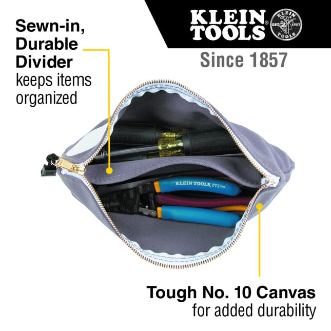 KLEIN TOOLS 55578 Zipper Bag with Divider, No. 10 Canvas, 7-Inch x 12-1/2-Inch Heavy Duty Tool Bag Organizer, Multipurpose for Tools to Crafts