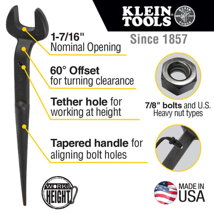 KLEIN TOOLS 3213TT Construction Spud Wrench with Tether Hole, Made in USA, 1-7/16-Inch Nominal Opening, 7/8-Inch Bolt for US Heavy Nut
