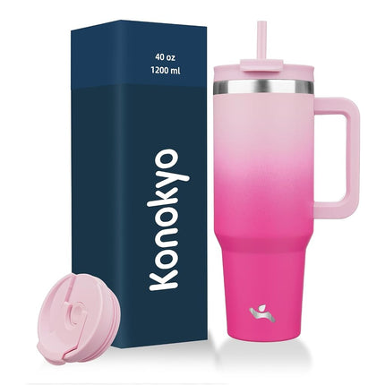 Gobelet Konokyo 40 oz avec poignée et 2 pailles, bouteille d'eau isotherme avec couvercle 2 en 1 en acier inoxydable, mug de voyage, fleurs de cerisier