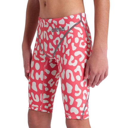 Arena Powerskin ST Next Boys' FINA Approved Swimming Trunks Recycled Material Lined Swimming Trunks for Boys, Leopard Skin Geranium, 22
