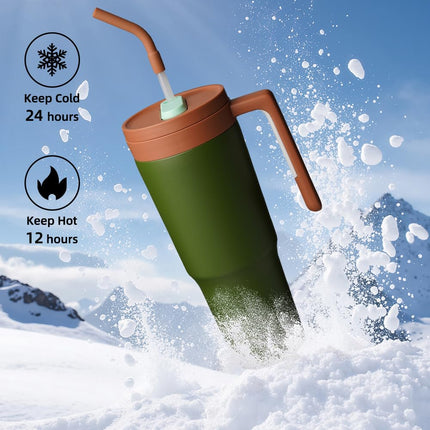 Konokyo – Gobelet isotherme avec poignée et paille, bouteille d'eau isotherme en acier inoxydable de 1,2 L, tasse de voyage en métal avec infuseur à fruits, vert forêt