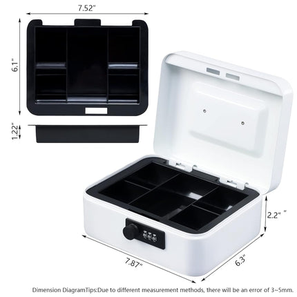 KYODOLED Cash Box with Combination Lock,Safe Metal Box for Money,Storage Lock Box with Money Tray,7.87"x 6.30"x 3.54" White Medium