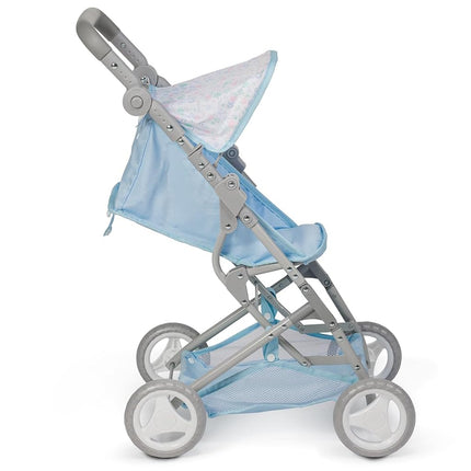 JC Toys - Folding stroller, for dolls up to 45 cm, Ideal for playing and walking, Blue with floral decoration, designed by Berenguer, +3 years