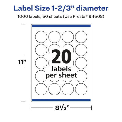 Avery Glossy White Round Labels with Sure Feed, 1-2/3" Diameter, 1,000 Glossy White Labels, Print-to-The-Edge, Permanent Label Adhesive, Laser/Inkjet Printable Labels