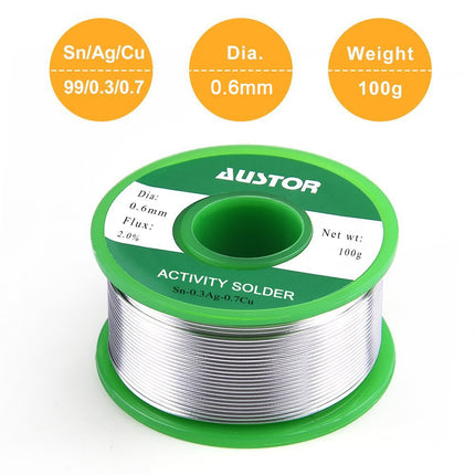 Austor 0.6mm Lead Free Solder Wire with Rosin Core, Sn 99% Ag 0.3% Cu 0.7%, 100g