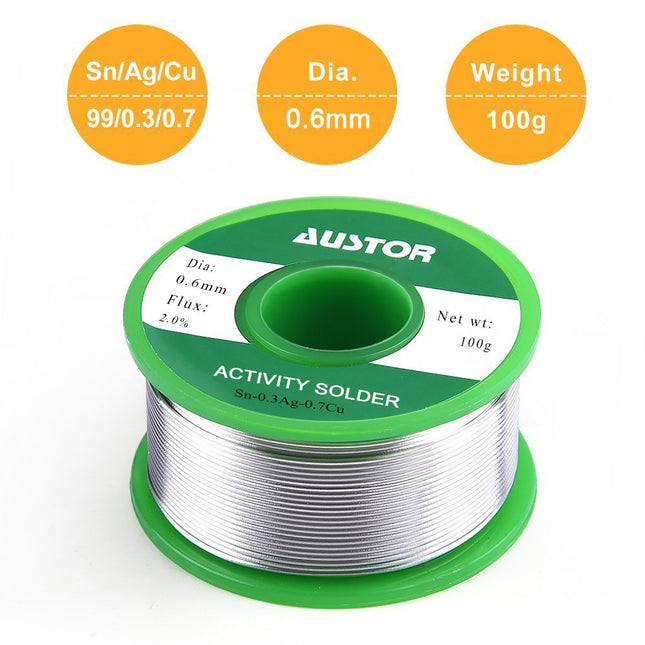 Austor 0.6mm Lead Free Solder Wire with Rosin Core, Sn 99% Ag 0.3% Cu 0.7%, 100g