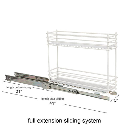 Household Essentials Narrow Sliding Cabinet Organizer, Two Tier Organizer, White, Great for Slim Cabinets in Kitchen, Bathroom and More