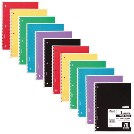 Mead Spiral Notebooks, 12 Pack, 1-Subject, Wide Ruled Paper, 10-1/2" x 8", 70 Sheets per Notebook, Assorted Colors (73699)