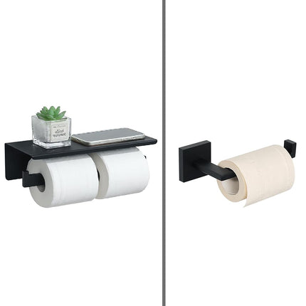 Alise Double Toilet Paper Holder,Bathroom Tissue Holder with Shelf,SUS304 Stainless Steel Toilet Paper Roll Holder Storage Dispenser,Self Adhesive or Wall Mount Drilling Paper Rack,Matte Black