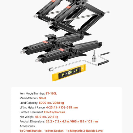 VEVOR 5000 lbs RV Scissor Jacks, 4-23.4 in RV Stabilizer Leveling Scissor Jacks, Set of 4, Heavy Duty Stabilizer Jack with Crank Handle, Socket and Bubble Levels, Not Easily Bent or Deformed